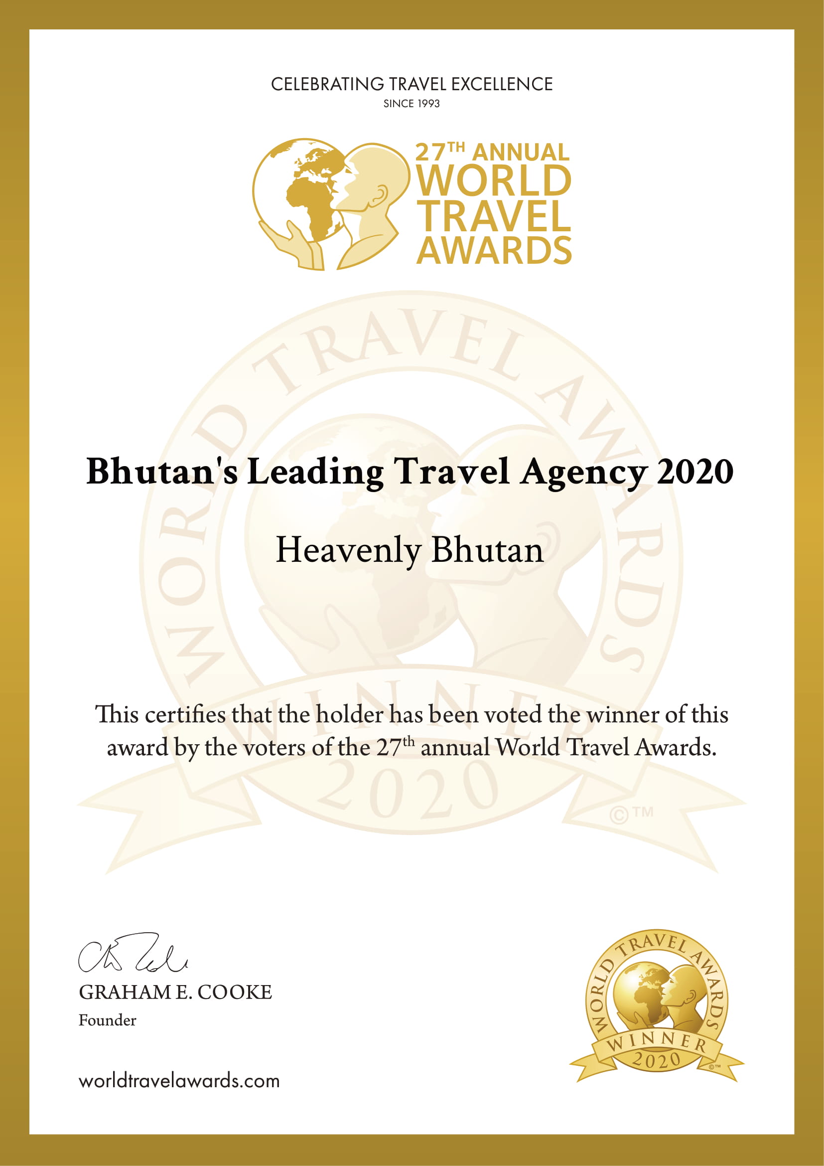 Bhutan's Leading Travel Agency 2020 Winner Certificate - Heavenly Bhutan